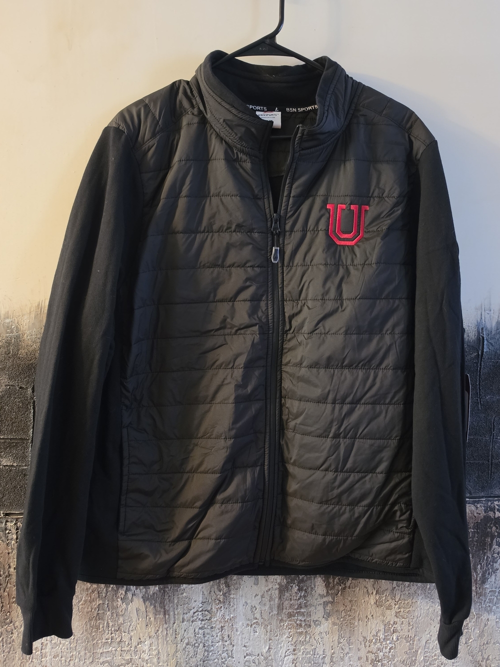 Men's Black Quilted Puffer Jacket with Red 'U' Accent